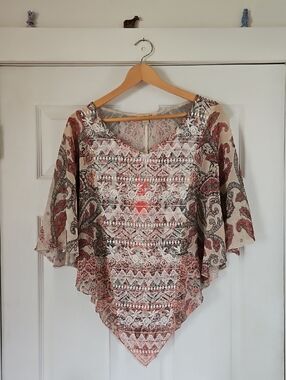 ONE WORLD Paisley Embroiderd Front Poncho Tunic - Peach & Beige